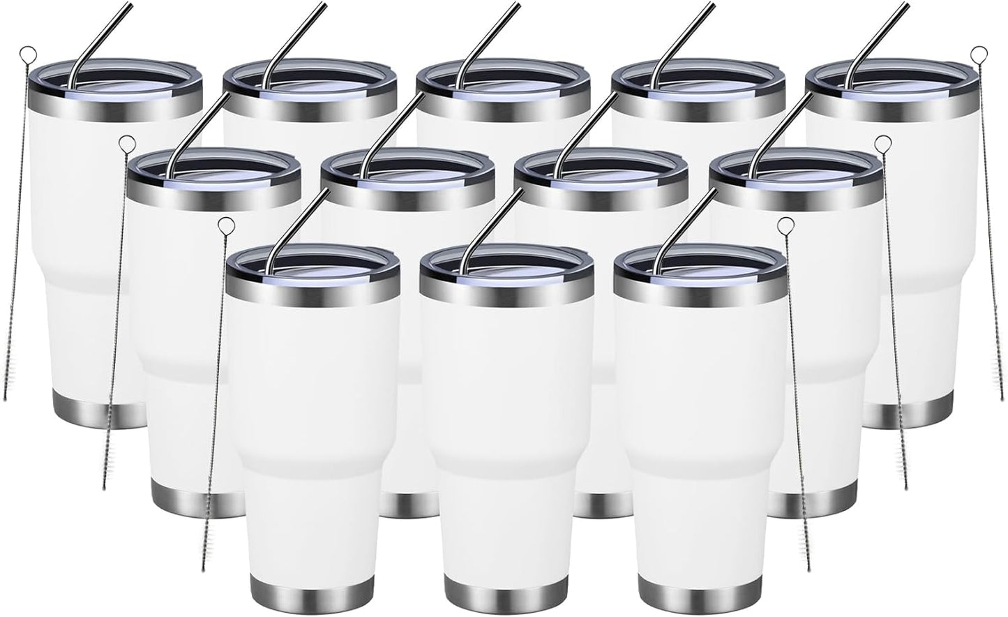 MEWAY 30oz Insulated Tumbler With Lids and Straws,Stainless Steel Double Vacuum Coffee Tumbler Cup, Brush, Durable Powder Coated Coffee Cup for Cold & Hot Drinks, Office, Travel(White,12 PACK)