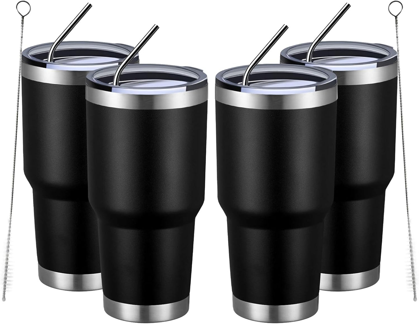 MEWAY 30oz Insulated Tumbler With Lids and Straws,Stainless Steel Double Vacuum Coffee Tumbler Cup, Brush, Durable Powder Coated Coffee Cup for Cold & Hot Drinks, Office, Travel(Black,4 PACK)