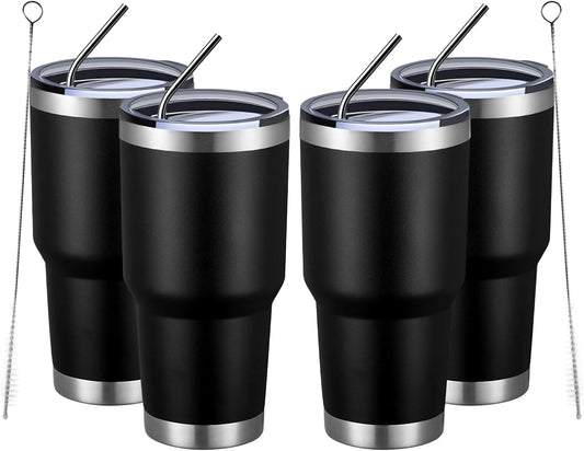MEWAY 30oz Insulated Tumbler With Lids and Straws,Stainless Steel Double Vacuum Coffee Tumbler Cup, Brush, Durable Powder Coated Coffee Cup for Cold & Hot Drinks, Office, Travel(Black,4 PACK)