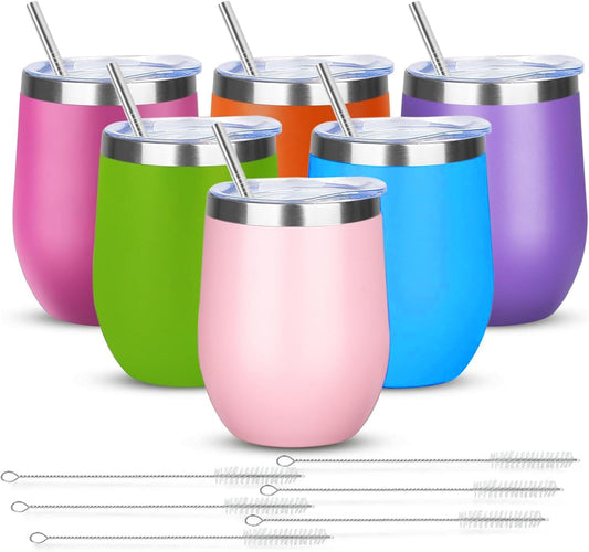 12oz/6 Pack Wine Tumbler Glasses with Lid Stemless Double Wall Vacuum Stainless Steel Travel Tumbler Keeping Cold & Hot for Wine,Coffee,Cocktails,Christmas Drinks-Family and Gifts (Multi color-bright)