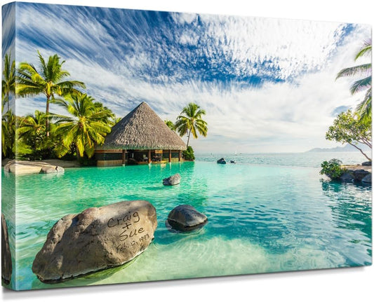 IPIC - "Tropical Memories Personalized Canvas Wall Art, Custom Beach Canvas Print with Name and Date on Rock, A Personalized Gift for Couple, Wedding, or Anniversary, Coastal Home Decor