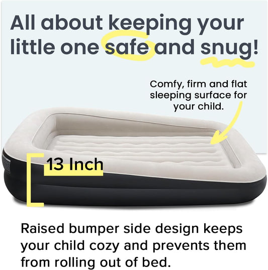 King Koil Luxury Inflatable Toddler Travel Bed with Built-in Safety Bumper, Portable Air Mattress Airbed for Kids Travel, Includes High-Speed Pump - Black