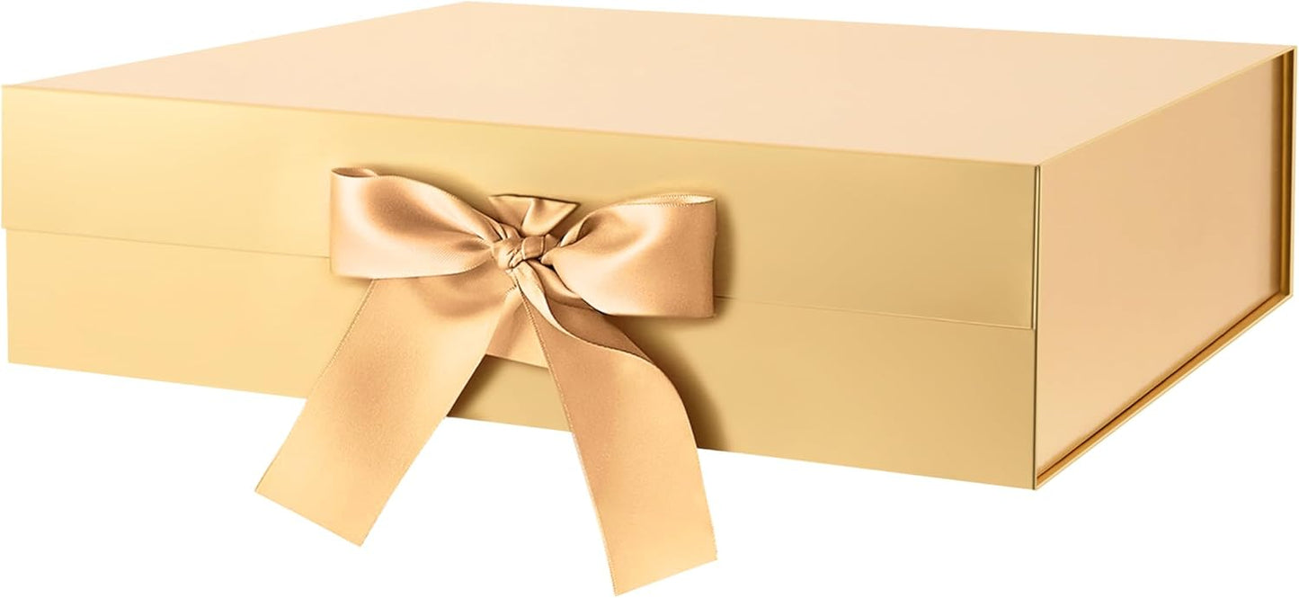 GREEN BEAN Large Gift Box with Lid for Present 13x9.7x3.4 Inches, Gold Magnetic Luxury Gift Box with Ribbon, Bridesmaid Proposal Gifts Box (Glossy Gold)