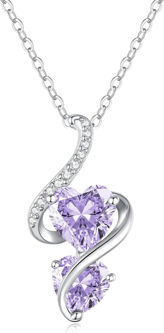 LOUISA SECRET Unique Double Heart Necklace Gifts for Wife Women, 925 Sterling Silver Tiny Birthstone Pendant Jewelry Gift for Her Girlfriend Mom Valentine's Day Anniversary Mother's Day Birthdays & Christmas
