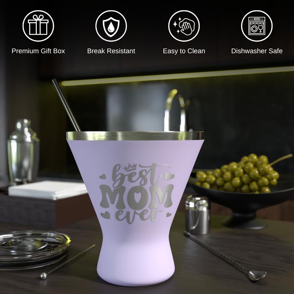 Mothers Day Gifts For Mom - Best Mom Ever Stainless Steel Martini Glass [Lilac, 10oz, Pack of 1] - Powder - Coated, Double Wall Margarita Cup - Birthday, Mother's Day, New Mom Gifts for Women