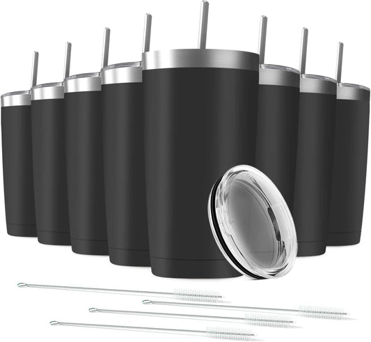 20oz Tumbler Vacuum Insulated Travel Mug with Lids, Stainless Steel Double Wall Bulk Cup for Home, Office, Outdoor Suitable for Vehicle Cup Holders(Set of 8, Black)