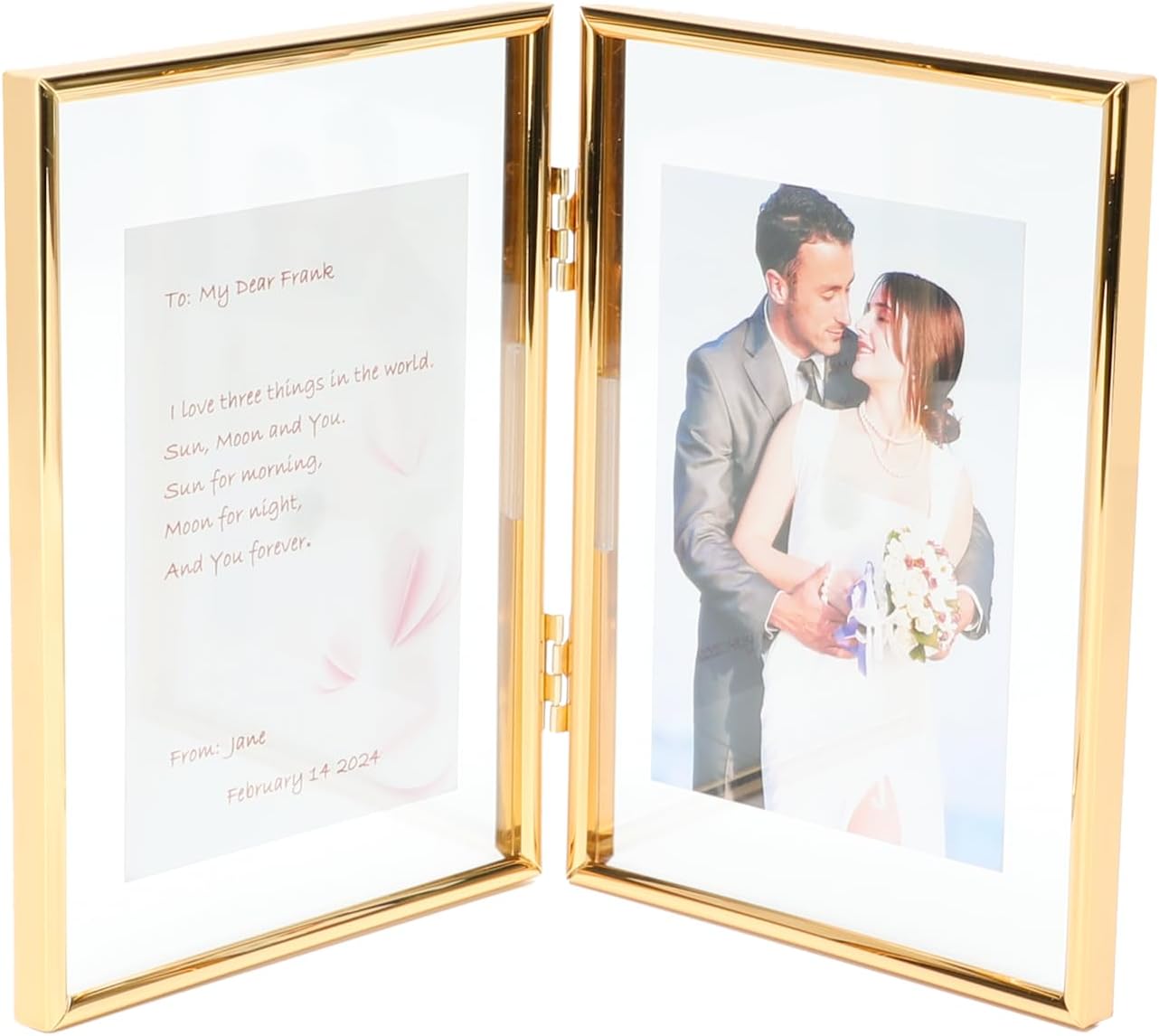Folding Double Frame, Gold Floating Picture Frame with Hinge, 5"×7" for 5"×7" 4"×6" 3"×5", Vertical, Tabletop Use, Classy For Thanksgiving, Wedding, Birthday