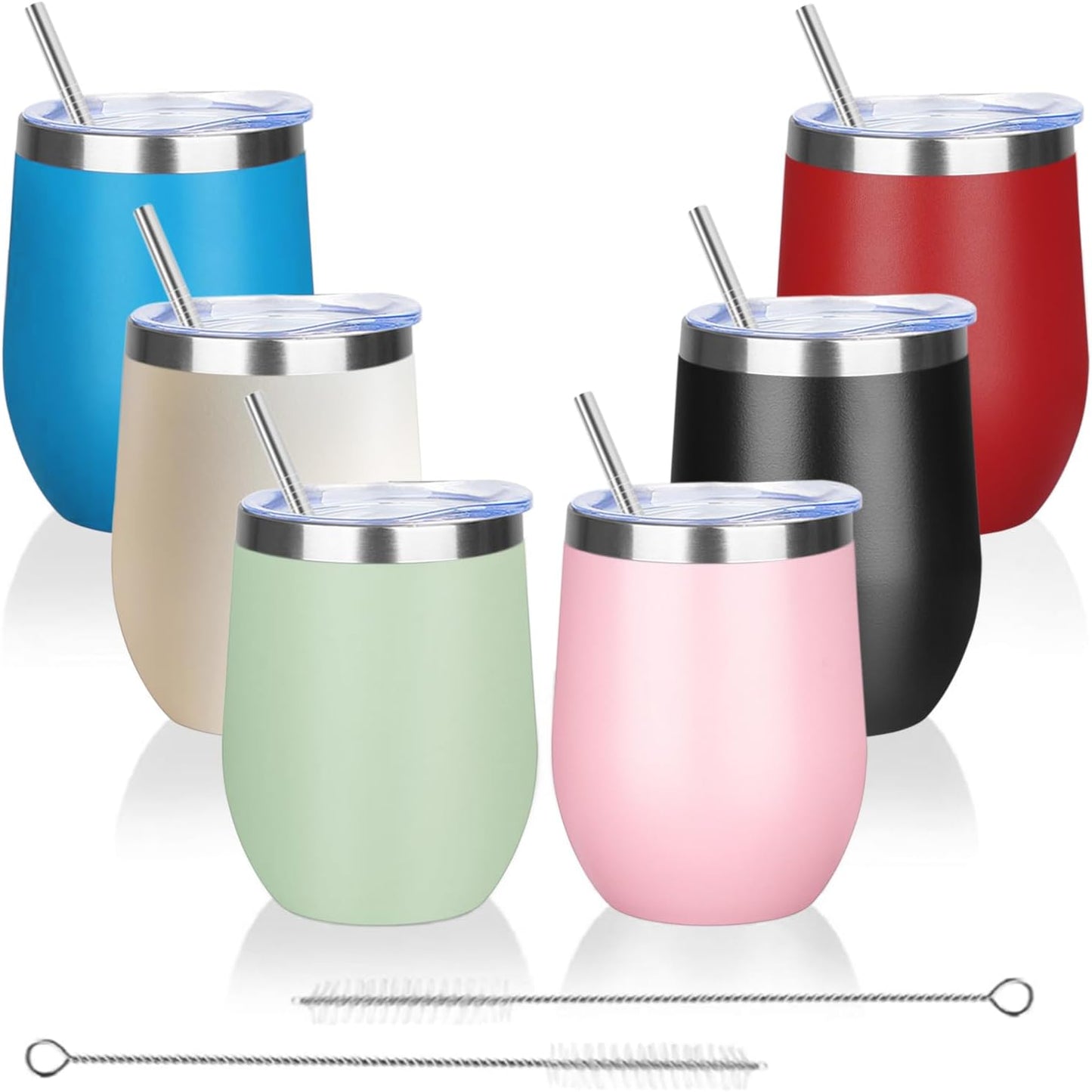 12oz/6 Pack Wine Tumbler Glasses with Lid Stemless Double Wall Vacuum Stainless Steel Travel Tumbler Keeping Cold & Hot for Wine,Coffee,Cocktails,Christmas Drinks-Family and Gifts (Multi color-couple)