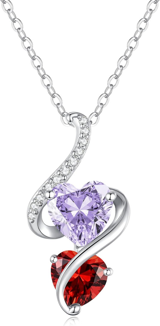 LOUISA SECRET Unique Double Heart Necklace Gifts for Wife Women, 925 Sterling Silver Tiny Birthstone Pendant Jewelry Gift for Her Girlfriend Mom Valentine's Day Anniversary Mother's Day Birthdays & Christmas