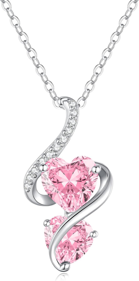 LOUISA SECRET Unique Double Heart Necklace Gifts for Wife Women, 925 Sterling Silver Tiny Birthstone Pendant Jewelry Gift for Her Girlfriend Mom Valentine's Day Anniversary Mother's Day Birthdays & Christmas