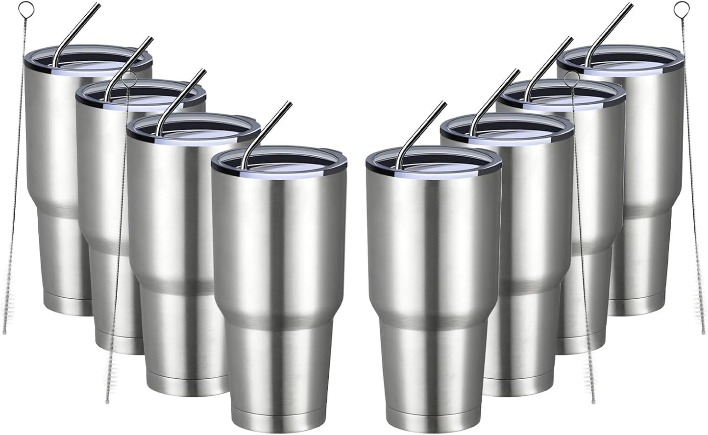 MEWAY 30oz Insulated Tumbler With Lids and Straws,Stainless Steel Double Vacuum Coffee Tumbler Cup, Brush, Durable Powder Coated Coffee Cup for Cold & Hot Drinks, Office, Travel(Silver,8 PACK)