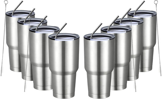 MEWAY 30oz Insulated Tumbler With Lids and Straws,Stainless Steel Double Vacuum Coffee Tumbler Cup, Brush, Durable Powder Coated Coffee Cup for Cold & Hot Drinks, Office, Travel(Silver,8 PACK)