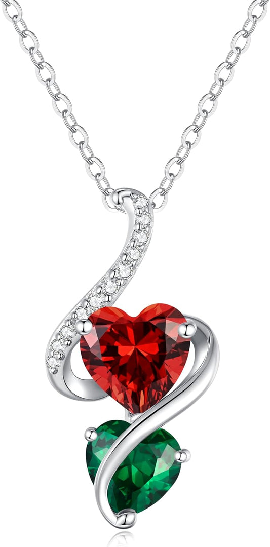 LOUISA SECRET Unique Double Heart Necklace Gifts for Wife Women, 925 Sterling Silver Tiny Birthstone Pendant Jewelry Gift for Her Girlfriend Mom Valentine's Day Anniversary Mother's Day Birthdays & Christmas