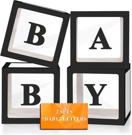 Ledido Baby Boxes with Letters for Baby Shower Decorations, 4 pcs Clear Baby Balloon Boxes Blocks for Baby Shower Decor with Letters for Boy Girl Gender Reveal Decorations Backdrop Party (Black)