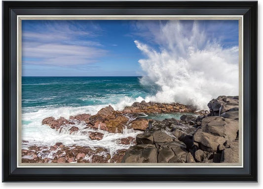 IPIC - Waves Crashing at Queen's Bath Personalized Framed Wall Art with Names and Date on, Giclee Prints Framed with Solid Wood, Custom Memorial Gifts for Anniversary.Total Size: 27.25"x19.25"