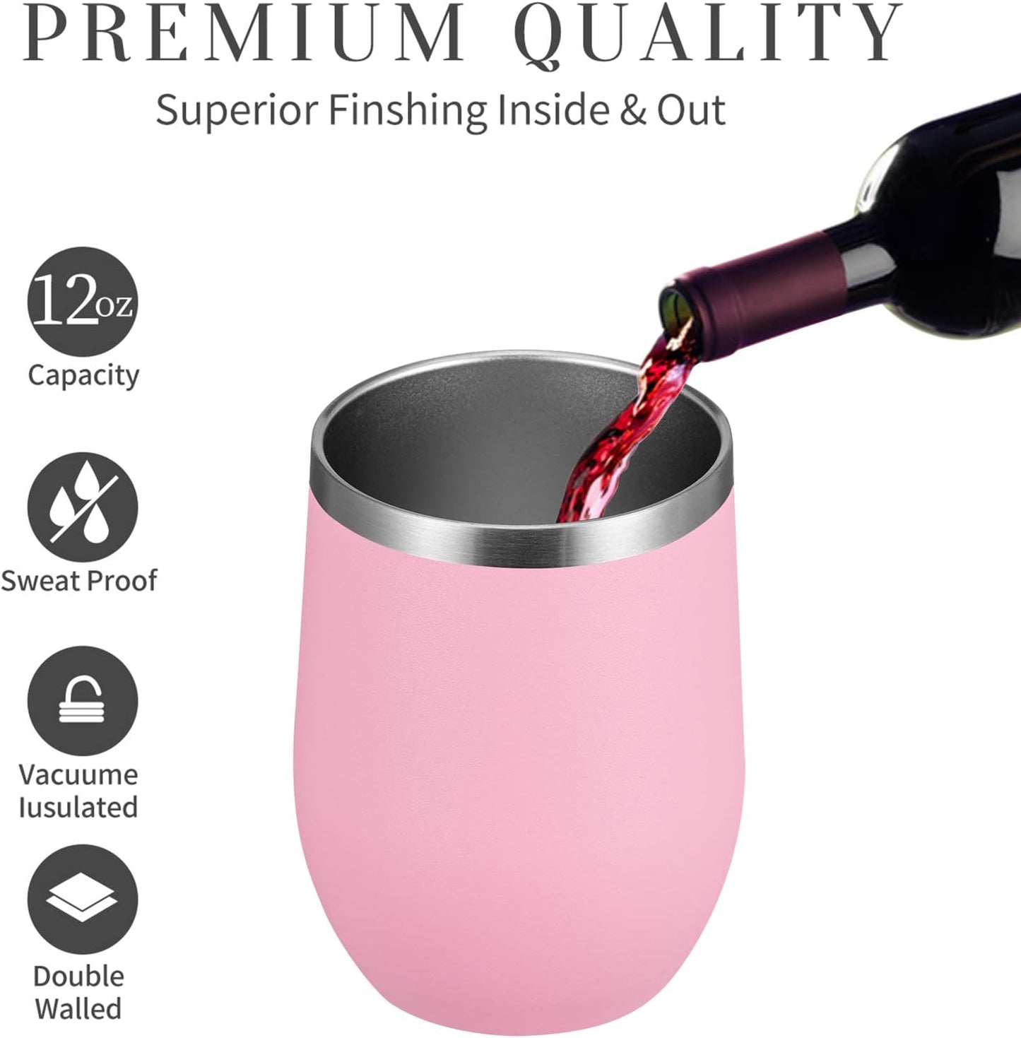MEWAY 12 OZ/8 Pack Wine Tumbler Glasses with Lid - Stemless Double Wall Vacuum Stainless Steel Travel Tumbler - Keeping Cold & Hot for Wine,Coffee,Cocktails,Drinks-Family and Gifts (Pink,Set of 8)