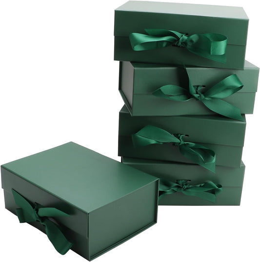 MEIANJU Dark Green Gift Boxes 8.7*W6.5*H3.5inch with Ribbon Foldable Gift Boxes Set of 5 Glossy Finish Magnetic for Luxury Presentations and Groomsmen Proposal