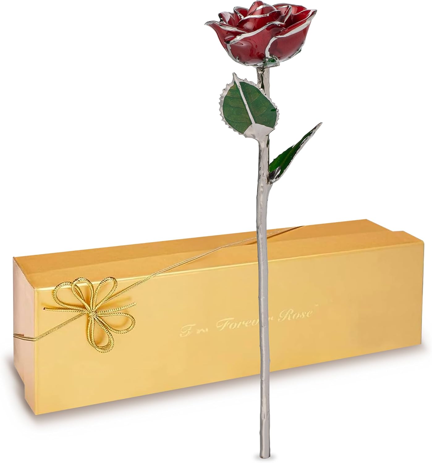 Forever Rose Real Red Rose with Platinum Trimmed Petals and Platinum Stem, Handcrafted Preserved Rose in Luxury Gold Gift Box, Romantic Gift for Her, Elegant Gift for Any Occasion