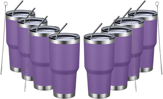 MEWAY 30oz Insulated Tumbler With Lids and Straws,Stainless Steel Double Vacuum Coffee Tumbler Cup, Brush, Durable Powder Coated Coffee Cup for Cold & Hot Drinks, Office, Travel(Purple,8 PACK)