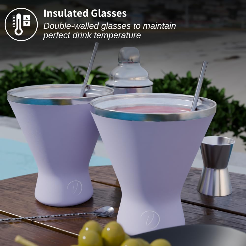 Stainless Steel Martini Glass [Pack of 2] – 10oz, Lilac, Powder Coated, No Sweat, Double Wall Margarita Cup with Lid | Ideal for Mother's Day Gift