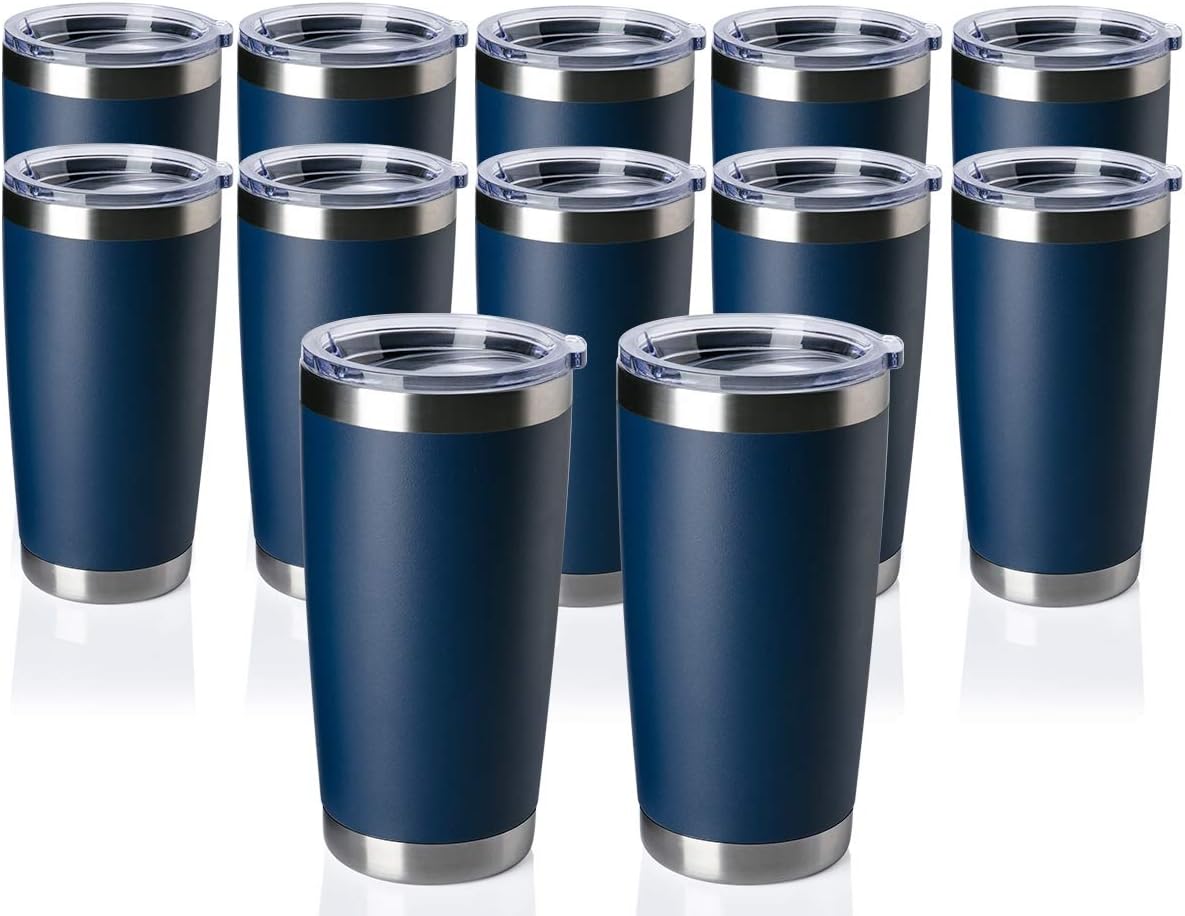 12 pack 20 OZ Double Wall Stainless Steel Vacuum Insulated Tumbler Coffee Travel Mug With Lid, Durable Powder Coated Insulated Coffee Cup for Cold & Hot Drinks (Navy, 12 pack)