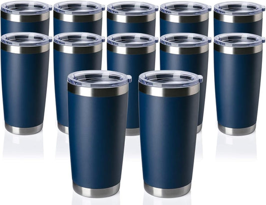 12 pack 20 OZ Double Wall Stainless Steel Vacuum Insulated Tumbler Coffee Travel Mug With Lid, Durable Powder Coated Insulated Coffee Cup for Cold & Hot Drinks (Navy, 12 pack)