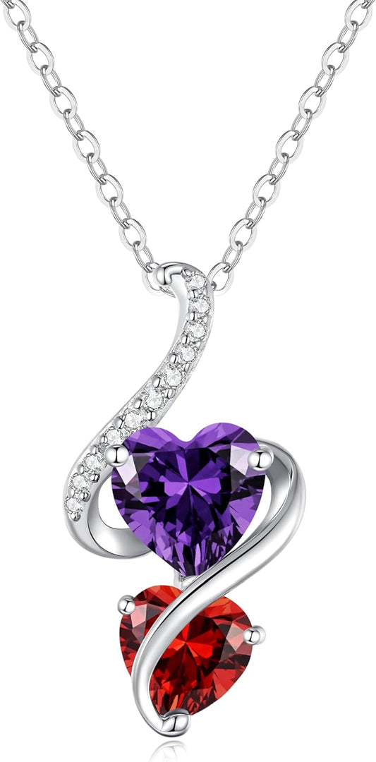 LOUISA SECRET Unique Double Heart Necklace Gifts for Wife Women, 925 Sterling Silver Tiny Birthstone Pendant Jewelry Gift for Her Girlfriend Mom Valentine's Day Anniversary Mother's Day Birthdays & Christmas
