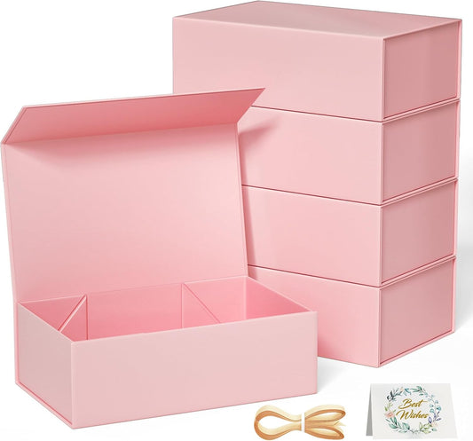 5 Pack Pink Gift Box, 12x6x4'' Gift box for Presents with Lids Magnetic Closure Rectangle Collapsible for Bridesmaid Proposal Box, Wedding, Christmas, Halloween, Birthday Gift Packging