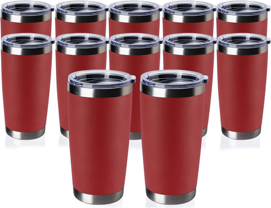 12 pack 20 OZ Double Wall Stainless Steel Vacuum Insulated Tumbler Coffee Travel Mug With Lid, Durable Powder Coated Insulated Coffee Cup for Cold & Hot Drinks (Red, 12 pack)