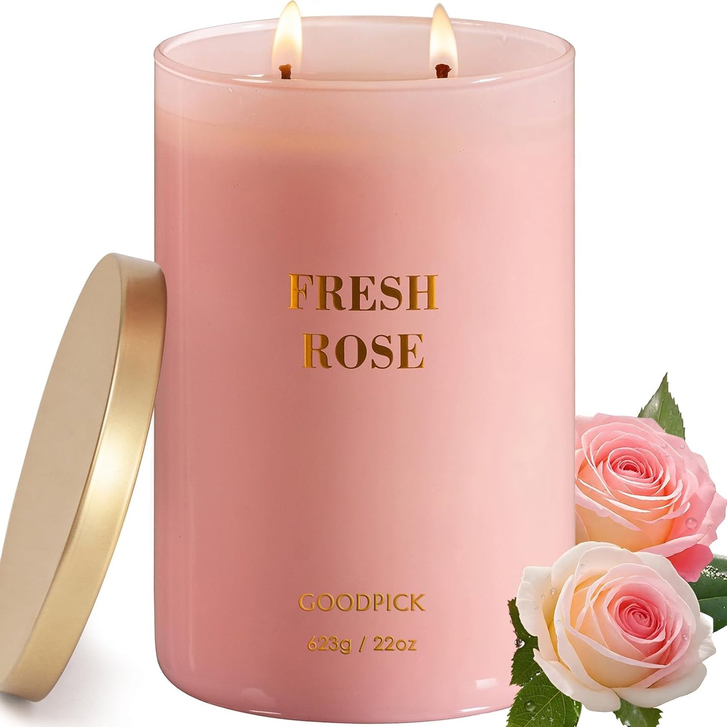 Goodpick Fresh Rose Candles for Women, Pink Candle, Soy Wax 22oz Large 120 Hours Burn, Stress Relief Aromatherapy Candles