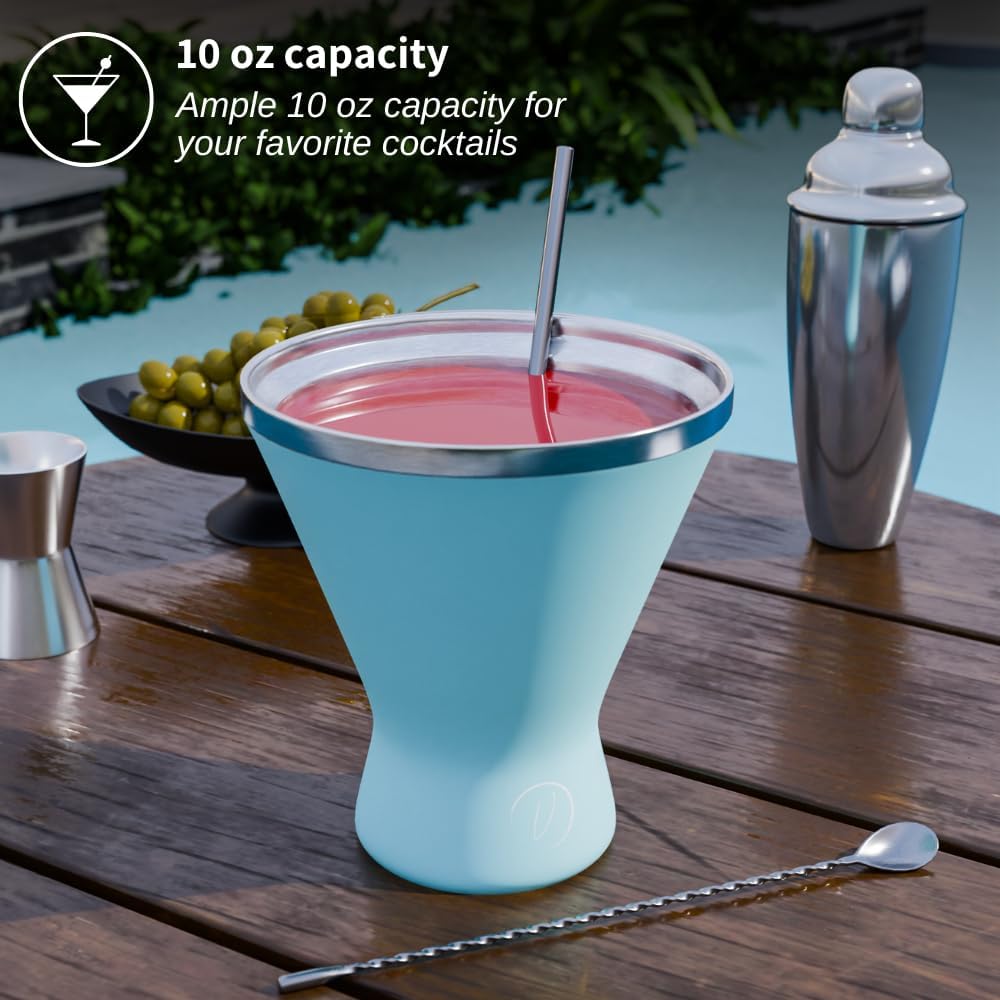Stainless Steel Martini Glass [Pack of 1] – 10oz, Blue, Powder Coated, No Sweat, Double Wall Margarita Cup with Lid | Ideal for Mother's Day Gift