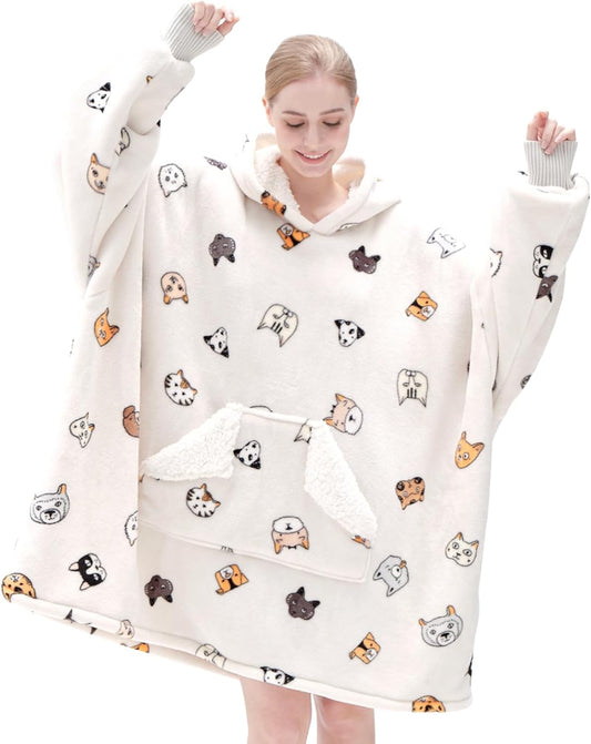 Touchat Wearable Blanket Hoodie, Oversized Sherpa Blanket Sweatshirt for Women with Hood Pocket and Sleeves, Super Soft Warm Plush Hooded Blanket for Adult One Size Fits All (Animal)