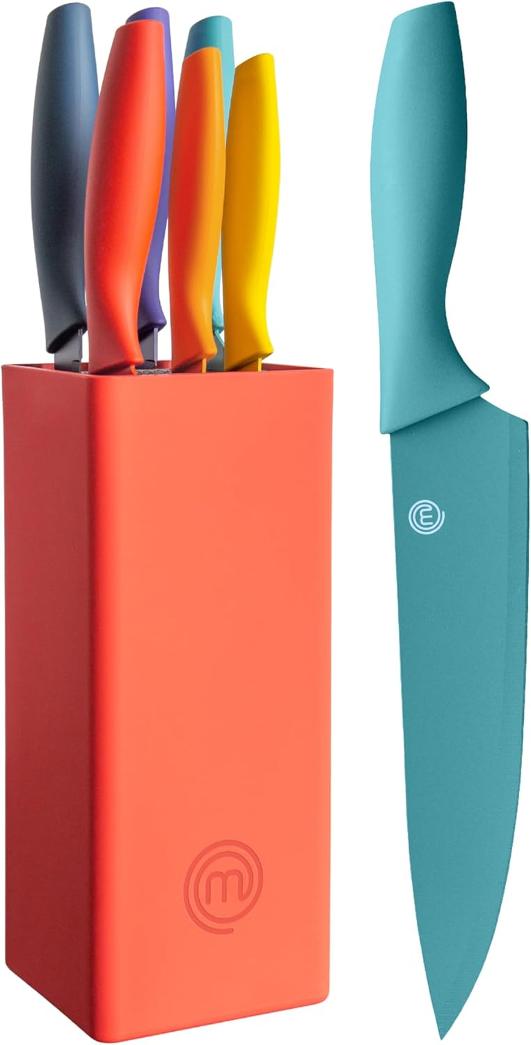 MasterChef Knife Block Set of 6 Kitchen Knives, Extra Sharp Stainless Steel Blades for Professional Cutting with Non Stick Coating & Soft Touch Easy Grip Handles in a Red Universal Block, Vivid Color