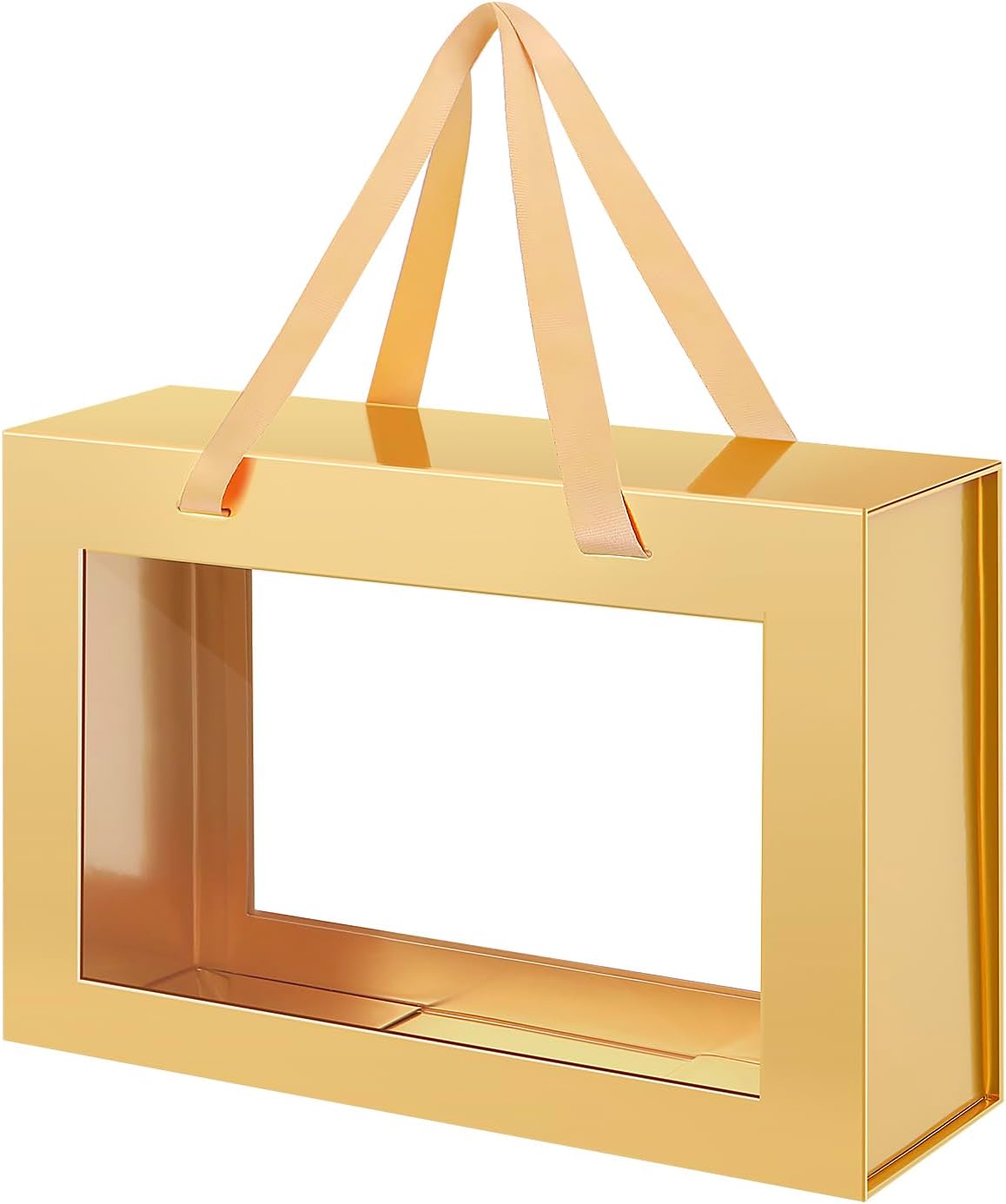 Large Gold Clear Gift Box, 13.5x9x4.1 Inches Gift Box with Window by Handle, Bridesmaid Proposal Box, Collapsible Gift Box with Magnetic Closure (Glossy Gold, 1 Pack)