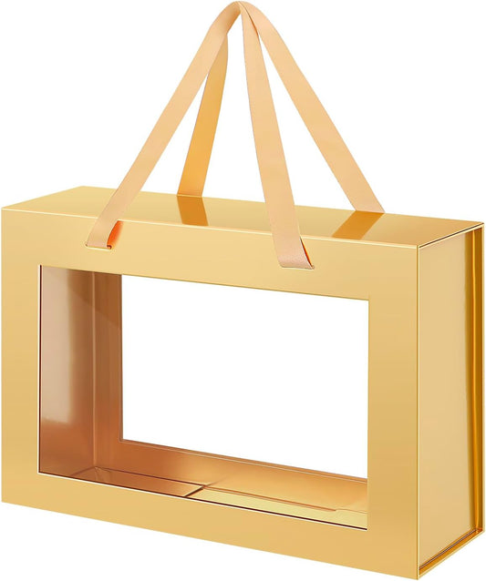 Large Gold Clear Gift Box, 13.5x9x4.1 Inches Gift Box with Window by Handle, Bridesmaid Proposal Box, Collapsible Gift Box with Magnetic Closure (Glossy Gold, 1 Pack)