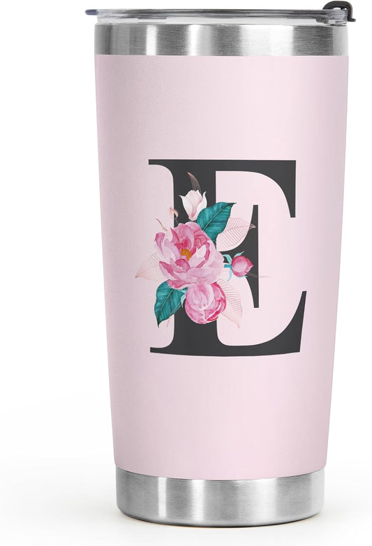 Shqiueos Initial Monogrammed Gifts for Women, 20 Oz Insulated Tumbler With Lid, Stainless Steel Vacuum Pink Cup, Personalized Christmas, Wedding, Birthday Gifts for Her Friends Mom Sister