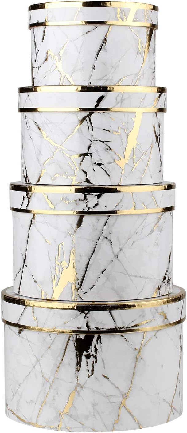 Round Gift Boxes with Lids Set of 4 Marble White Gift Box Assorted Sizes Nesting Gift Boxes for Presents Birthday Bridesmaid Wedding Valentines Christmas Party Favor Boxes