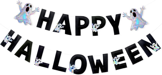 Halloween Decorations Pre-Strung Handmade Felt Happy Halloween Sign Iridescent Ghost Banner for Spooky Ghost Nursery Home Wall Decor Birthday Baby Shower Party Decorations Supplies