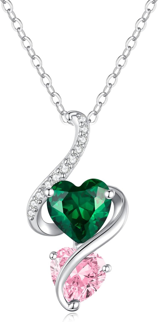 LOUISA SECRET Unique Double Heart Necklace Gifts for Wife Women, 925 Sterling Silver Tiny Birthstone Pendant Jewelry Gift for Her Girlfriend Mom Valentine's Day Anniversary Mother's Day Birthdays & Christmas