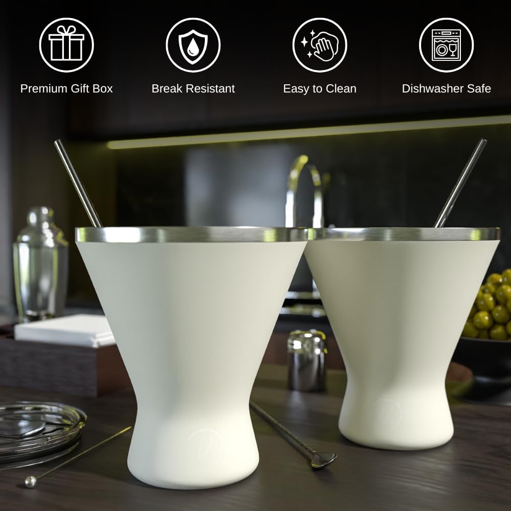 Stainless Steel Martini Glass [Pack of 2] – 10oz Cream, Powder Coated, No Sweat, Double Wall Margarita Tumbler for Cocktails and Cold Drinks | Perfect for Mother's Day Gift