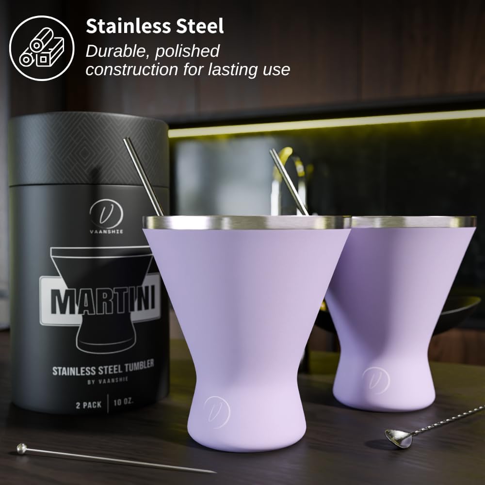 Stainless Steel Martini Glass [Pack of 2] – 10oz, Lilac, Powder Coated, No Sweat, Double Wall Margarita Cup with Lid | Ideal for Mother's Day Gift