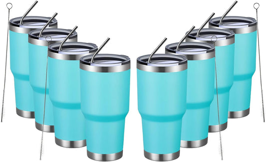 MEWAY 30oz Insulated Tumbler With Lids and Straws,Stainless Steel Double Vacuum Coffee Tumbler Cup, Brush, Durable Powder Coated Coffee Cup for Cold & Hot Drinks(Light Blue,8 PACK)