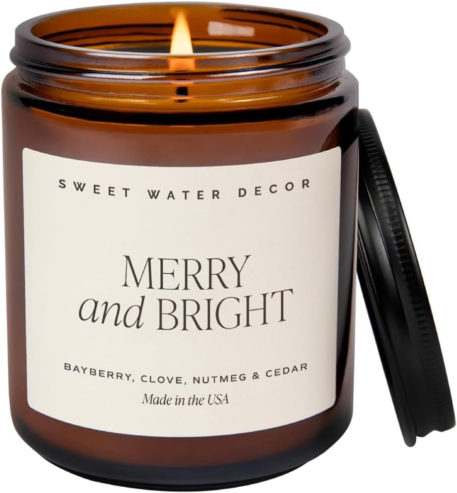 Sweet Water Decor Merry and Bright Candle - Bayberry, Fir, Nutmeg, and Clove Winter Non Toxic Christmas Scented Soy Candles for Home - 9oz Amber Jar, 40 Hour Burn Time, Made in The USA