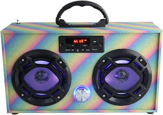 Mini Boombox with LED Speakers – Retro Bluetooth Speaker w/Enhanced FM Radio - Perfect for Home and Outdoor (Glitter Rainbow)