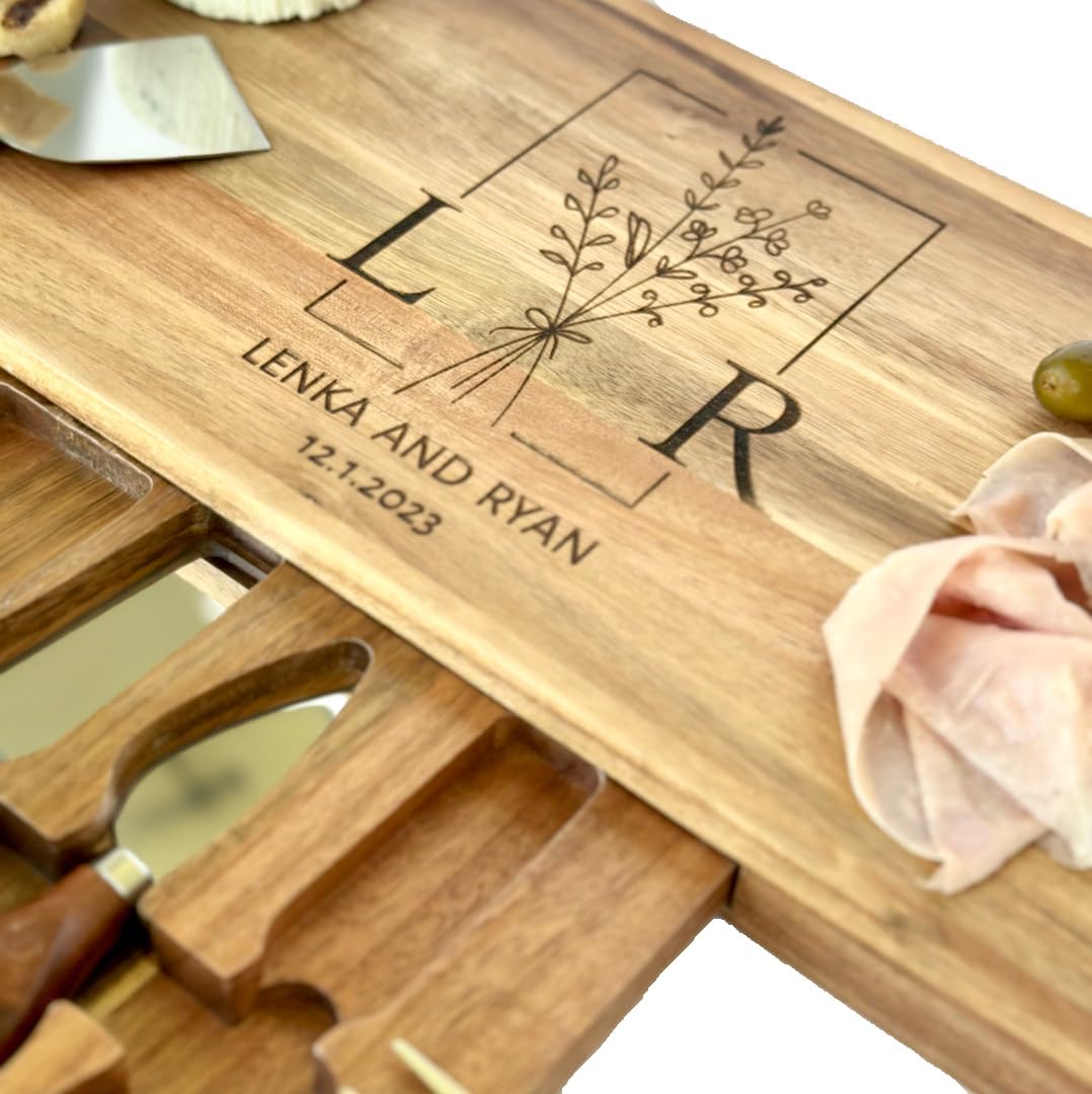 Personalized Charcuterie Board with Cheese Knives - Custom Engraved Cutting Board Set - Wedding Gift, Anniversary, Houswarming Gift for Couple - Acacia Wood Cheese Tray with Drawers