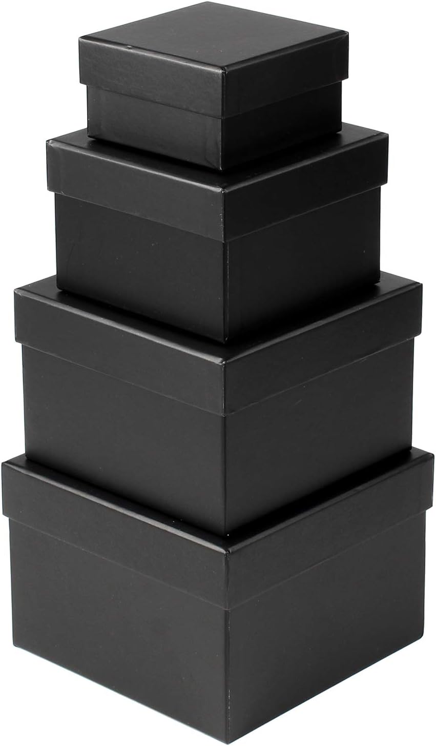 Square Gift Boxes with Lids Set of 4 Black Gift Box Assorted Sizes Nesting Gift Boxes for Presents Birthday Bridesmaid Wedding Valentines Christmas Party Favor Boxes