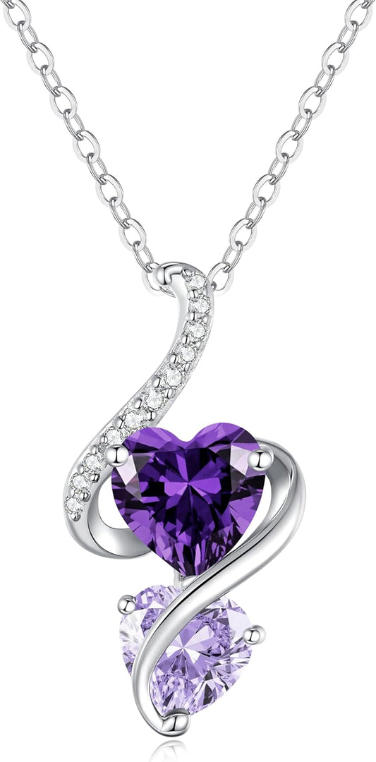 LOUISA SECRET Unique Double Heart Necklace Gifts for Wife Women, 925 Sterling Silver Tiny Birthstone Pendant Jewelry Gift for Her Girlfriend Mom Valentine's Day Anniversary Mother's Day Birthdays & Christmas