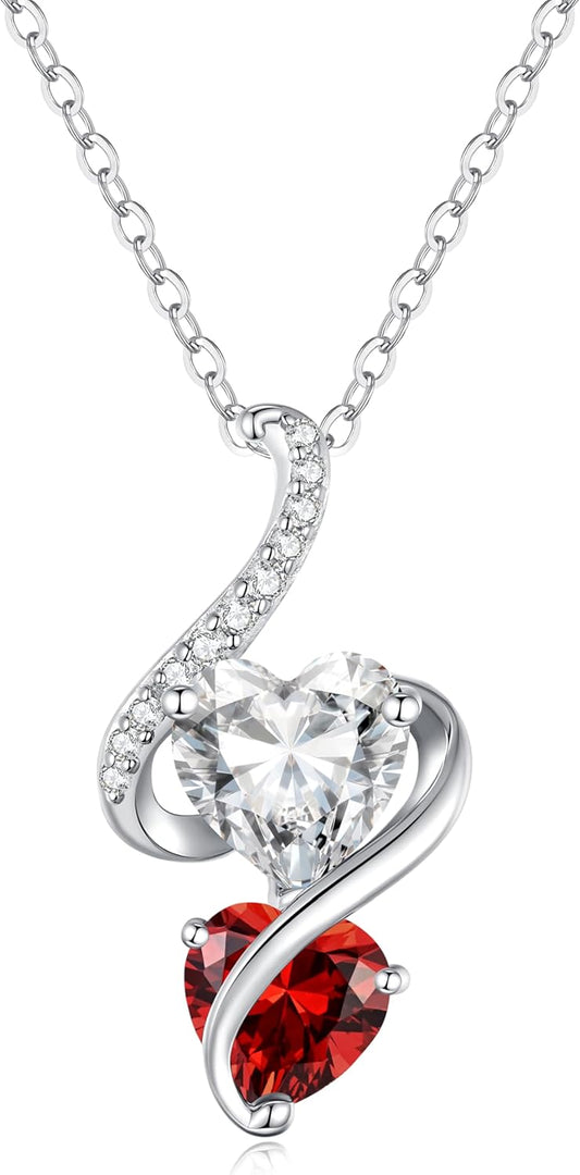 LOUISA SECRET Unique Double Heart Necklace Gifts for Wife Women, 925 Sterling Silver Tiny Birthstone Pendant Jewelry Gift for Her Girlfriend Mom Valentine's Day Anniversary Mother's Day Birthdays & Christmas