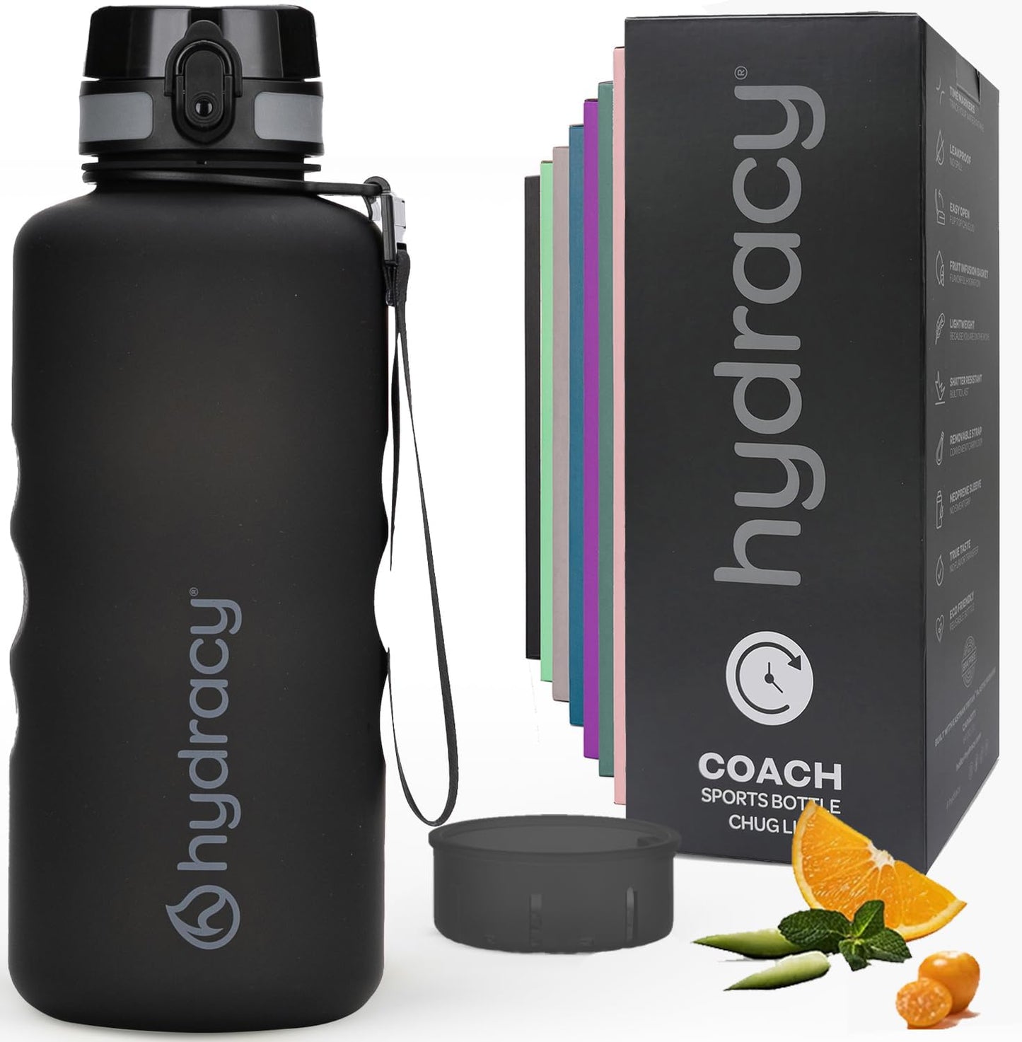 Hydracy Water Bottle with Time Marker -Large BPA Free Water Bottle & No Sweat Sleeve -Leak Proof Gym Bottle with Fruit Infuser Strainer & Times to Drink -Ideal for Fitness Sports & Outdoors