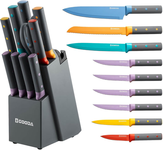 GOODA Knife Set,11 Pieces Kitchen Knife Set with Built-in Sharpener Block,Dishwasher Safe, High Carbon Stainless Steel Chef Cooking Knife Block Set